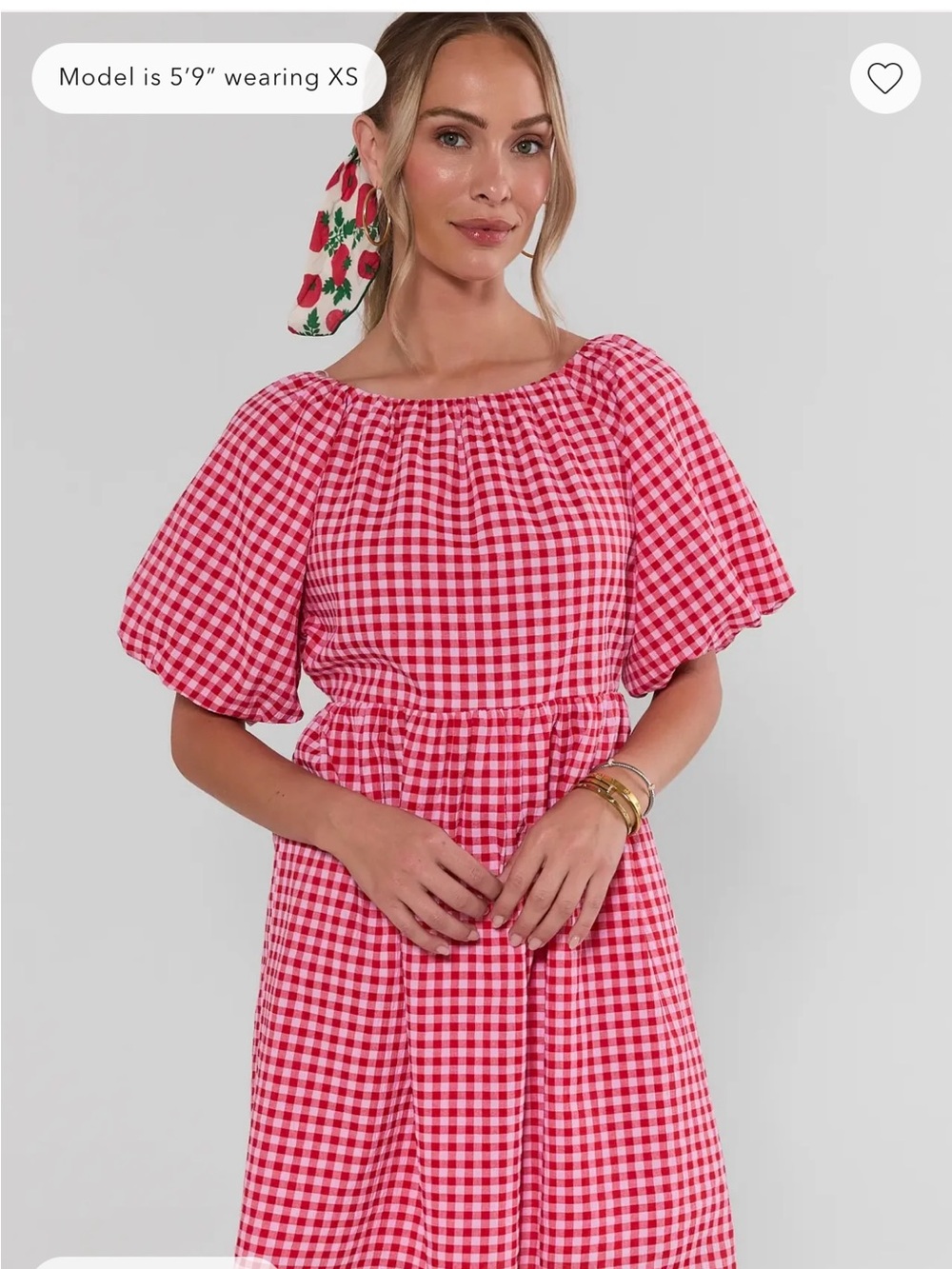 Red Gingham Puff-Sleeve Mini Dress